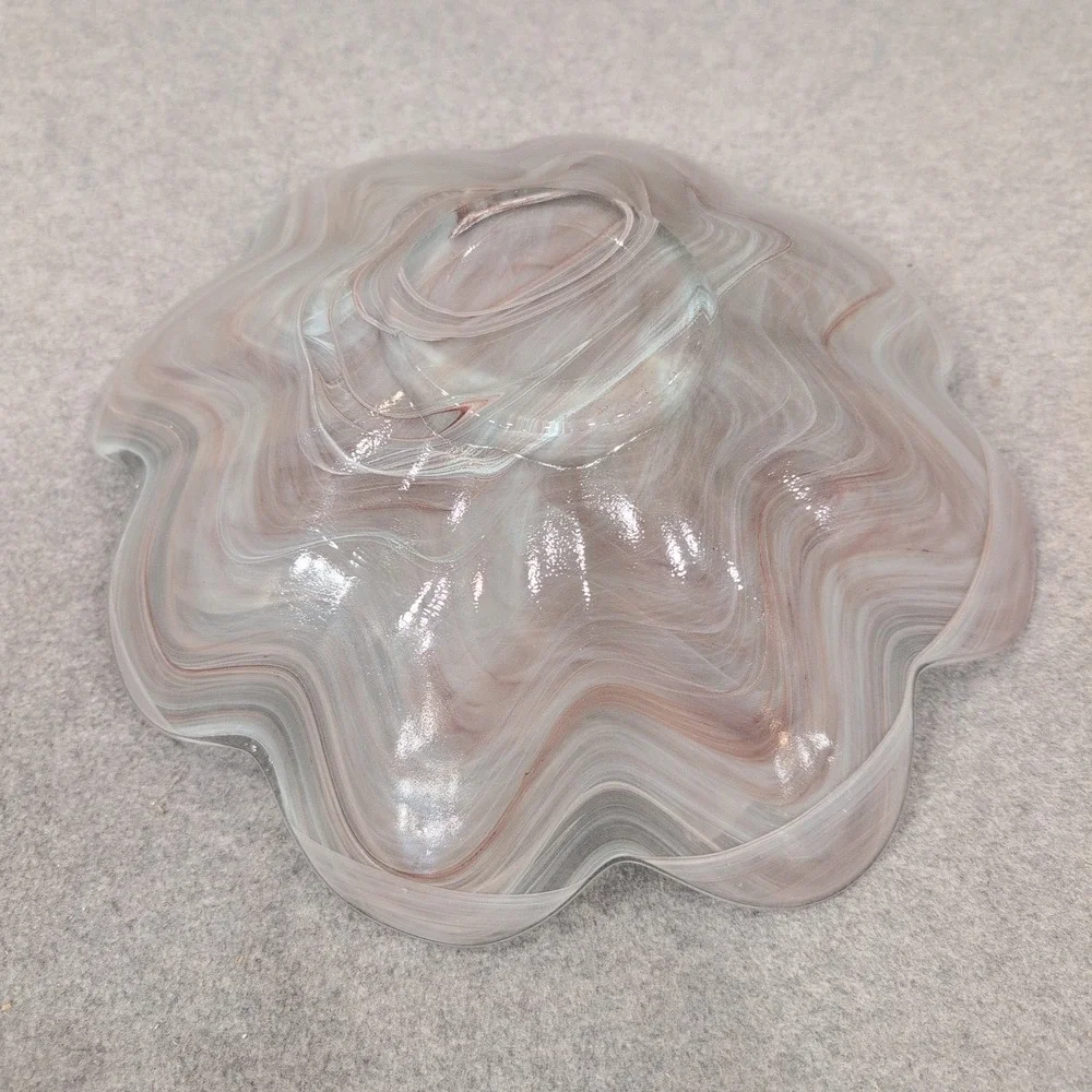 Art Glass Ruffled Bowl Mauve White Swirl Hand Blown Centerpiece - Picture 6 of 6